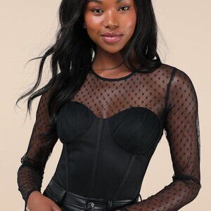 Luxe Agenda Black Sheer Mesh Polka Dot Pleated Bustier Bodysuit